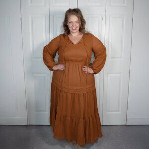 Rustydustty Boho Tiered Maxi Dress XXL Rust Brown Long Sleeve Flowy Peasant Styl